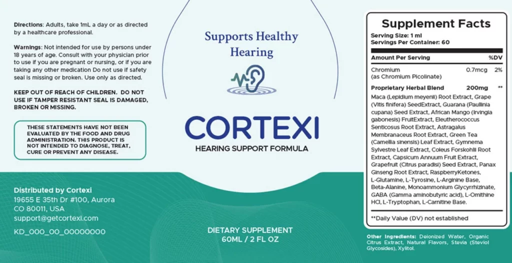 Cortexi Supplement Facts Label
